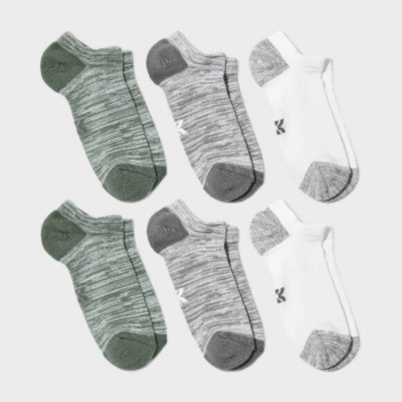 Kids' All In Motion No Show Socks 6-Pack | Size L (3-7) | Green Gray White - Picture 1 of 3